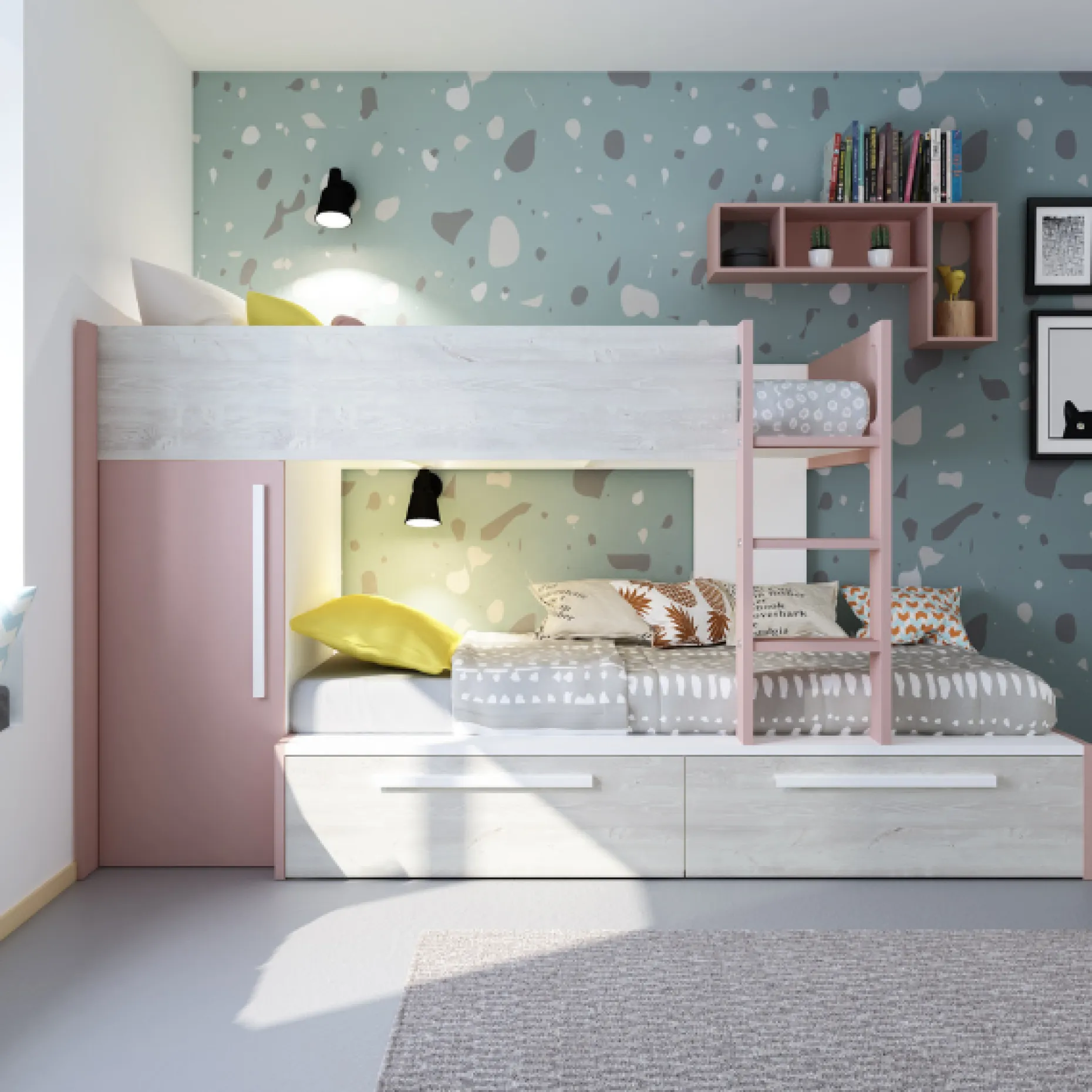 Etagenbett Fleur mit Kleiderschrank und Schubladen - altrosa