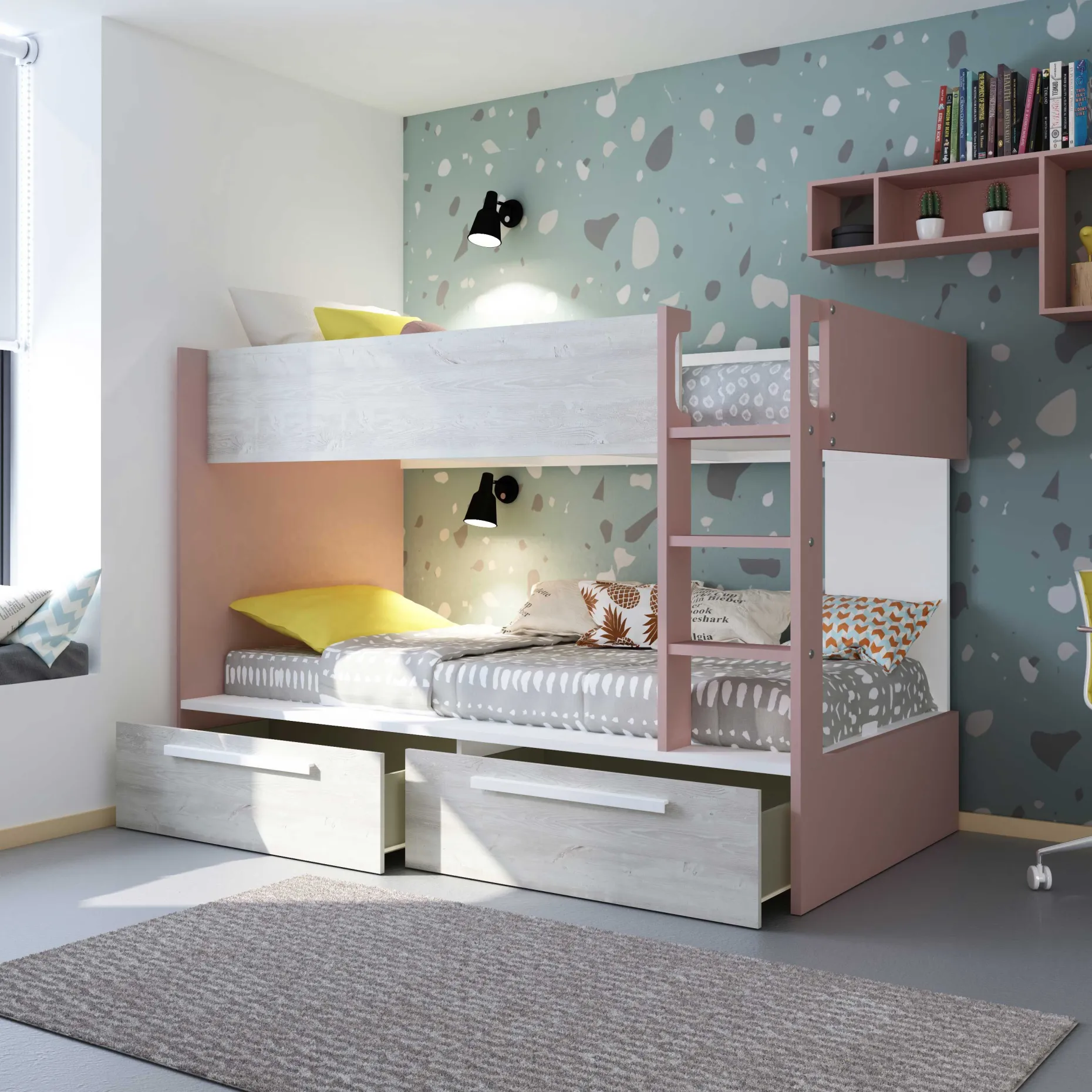 Etagenbett Fleur mit Schubladen - altrosa