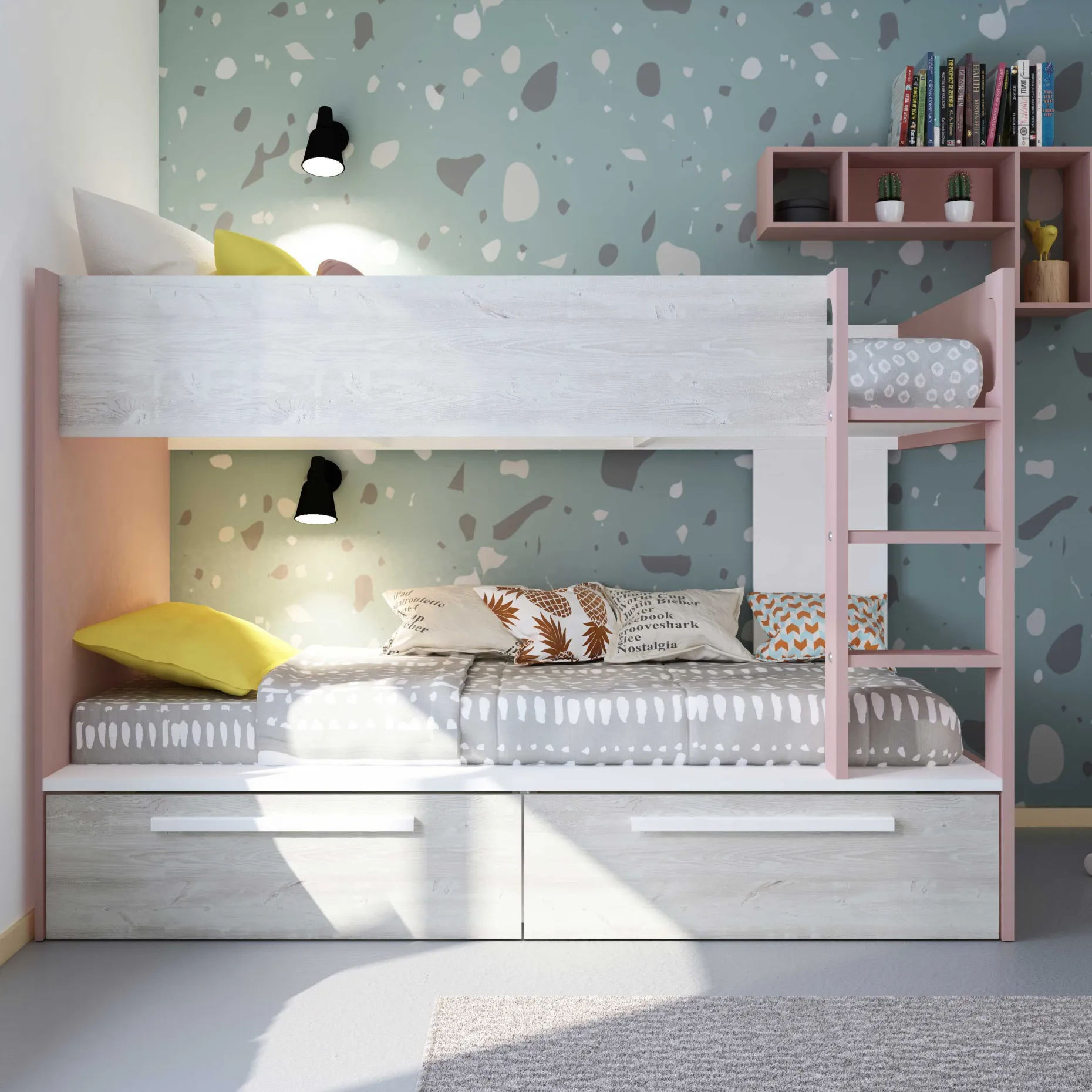 Etagenbett Fleur mit Schubladen - altrosa