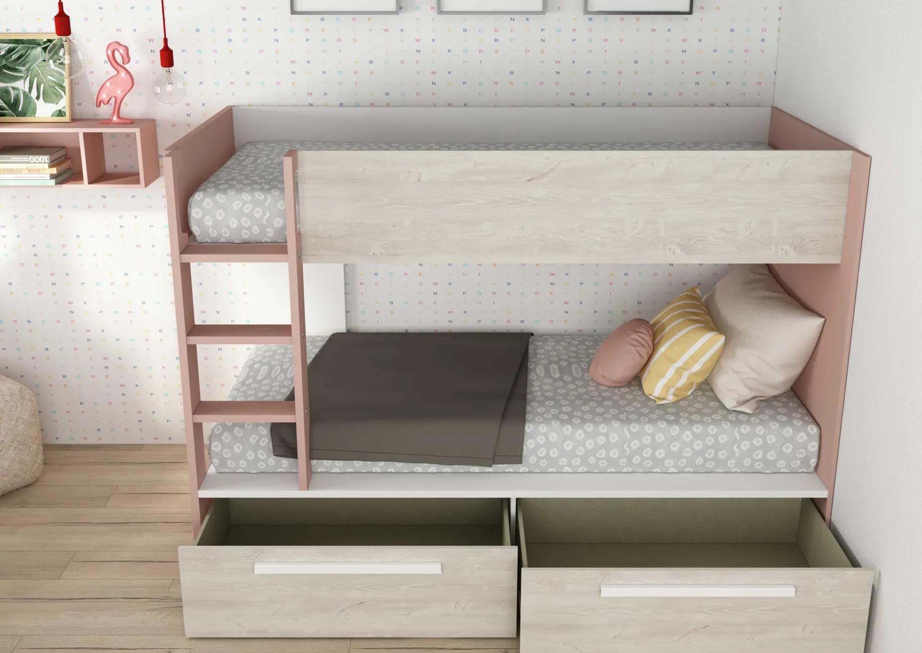 Etagenbett Fleur mit Schubladen - altrosa