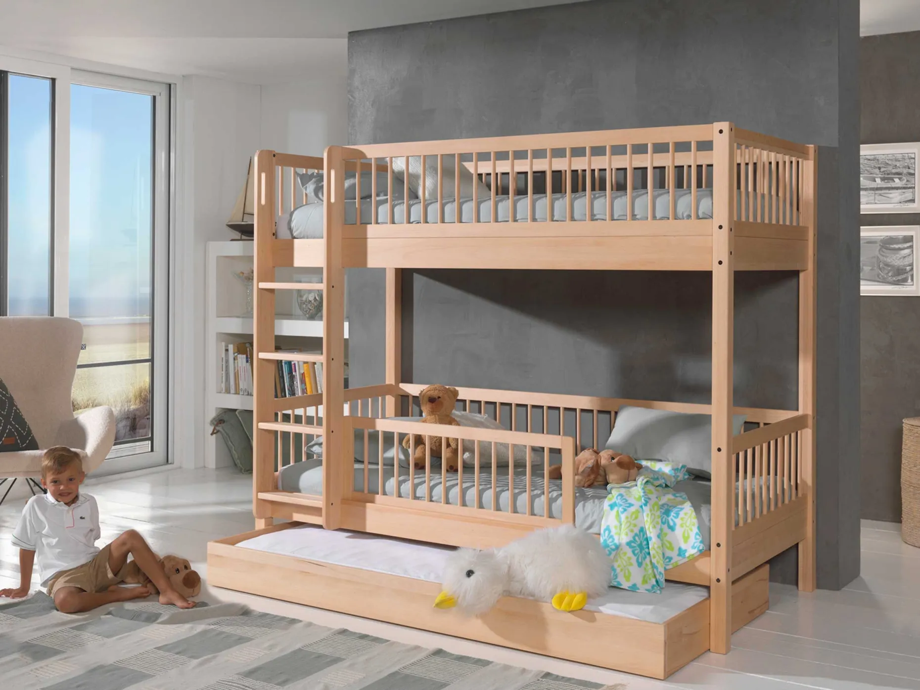 Etagenbett Forrest 90x200cm mit Bettkasten und Bettgitter - Buche