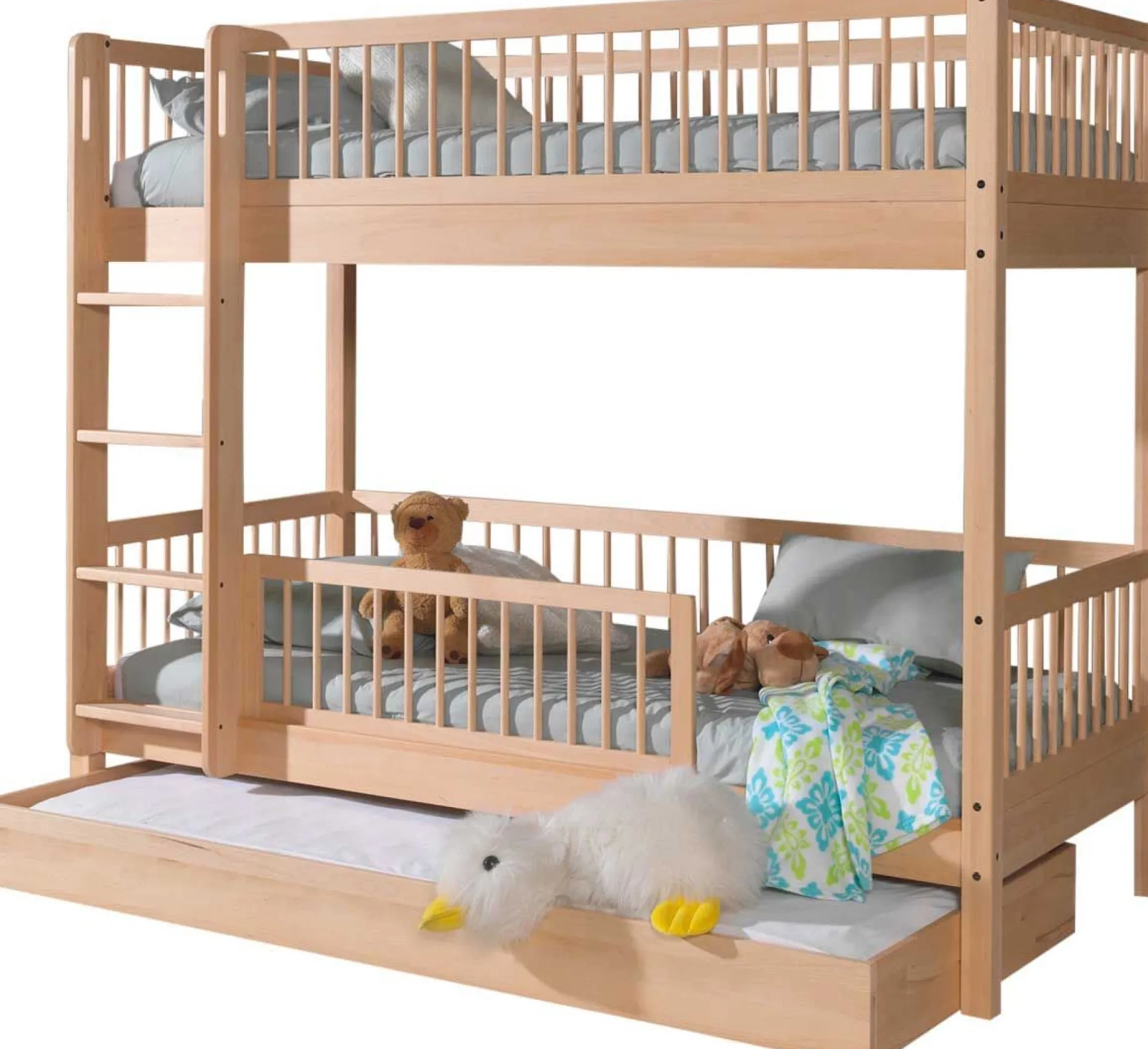 Etagenbett Forrest 90x200cm mit Bettkasten und Bettgitter - Buche