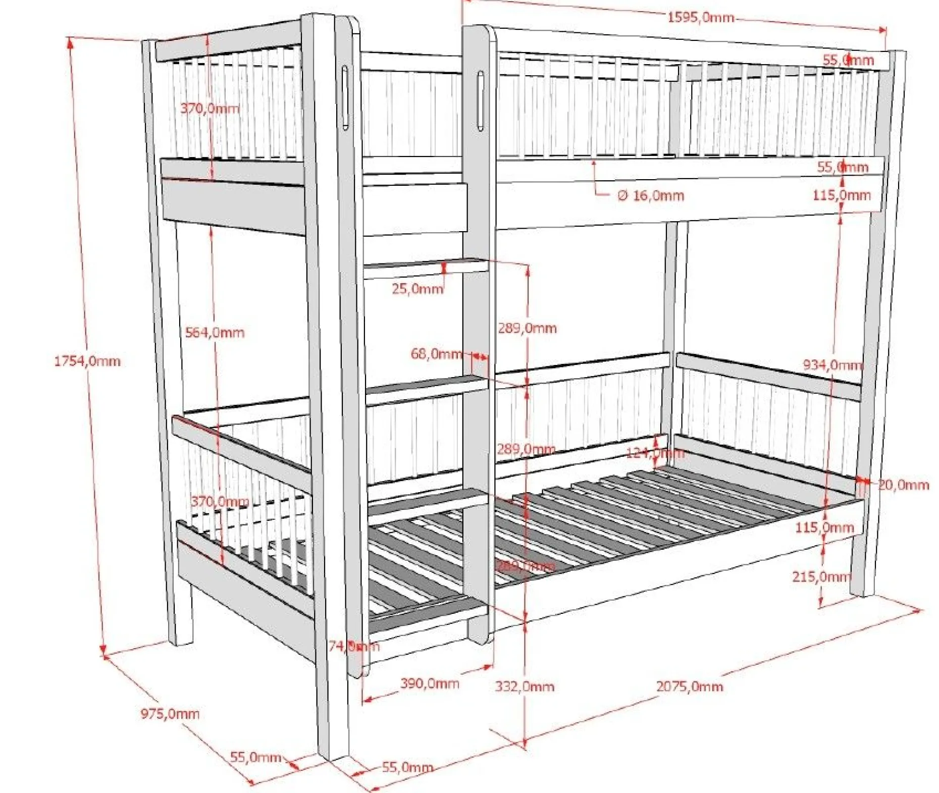 Etagenbett Forrest 90x200cm mit Bettgitter - Buche