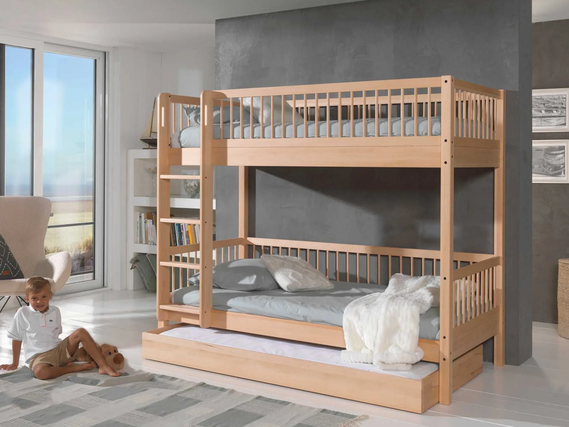 Etagenbett Forrest 90x200cm mit Rollbett - Buche Massivholz