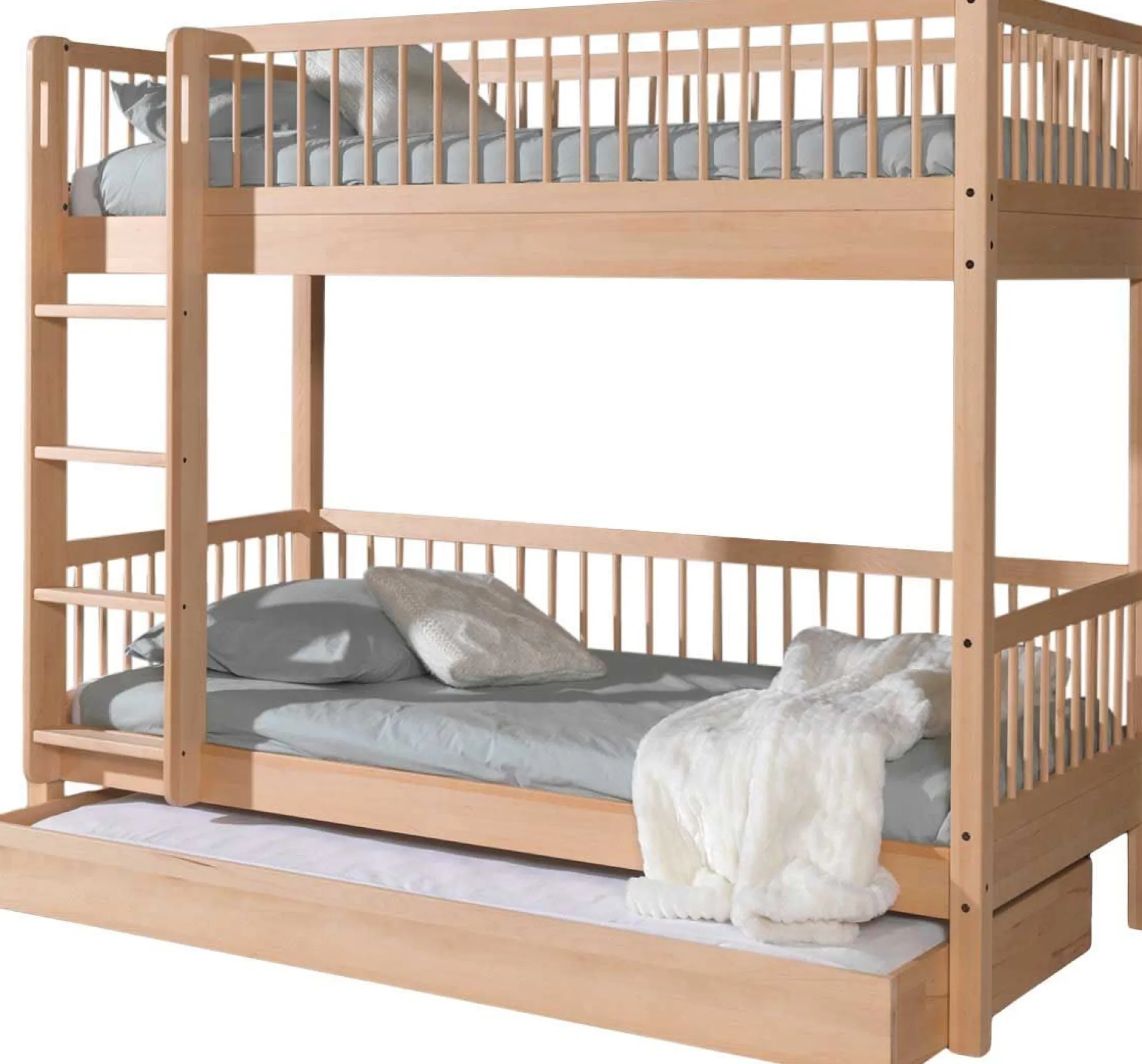 Etagenbett Forrest 90x200cm mit Rollbett - Buche Massivholz