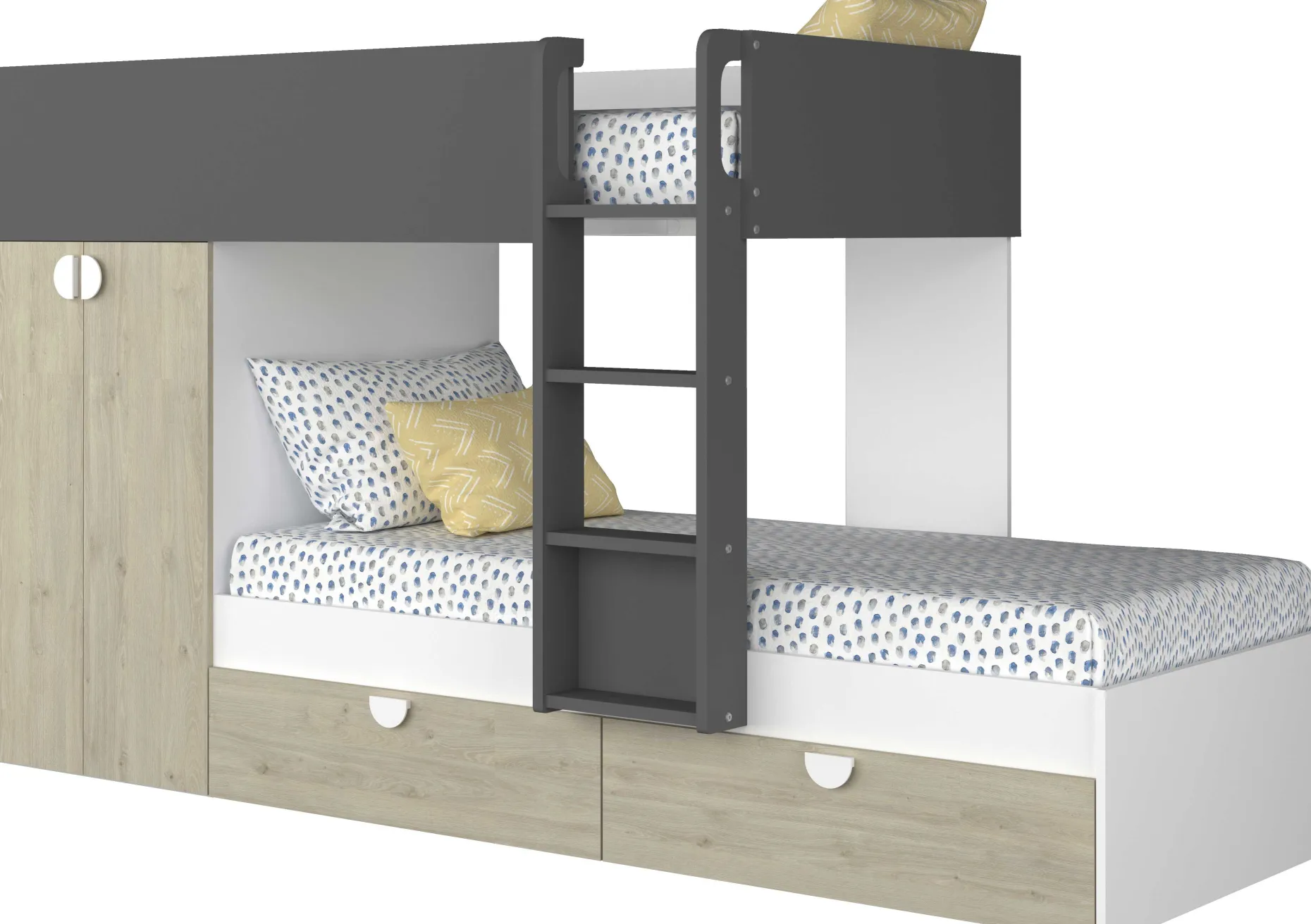 Etagenbett Jip mit Schrank & Schubladen - 90x190cm - Eiche/weiß/grau