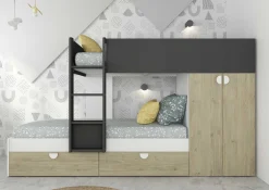 Etagenbett Jip mit Schrank & Schubladen - 90x190cm - Eiche/weiß/grau