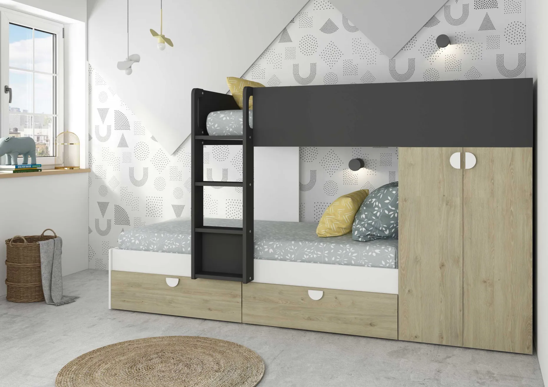 Etagenbett Jip mit Schrank & Schubladen - 90x190cm - Eiche/weiß/grau