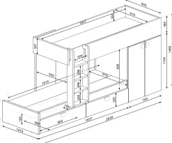 Etagenbett Jip mit Schrank & Schubladen - 90x190cm - Eiche/weiß/weiß