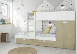 Etagenbett Jip mit Schrank & Schubladen - 90x190cm - Eiche/weiß/weiß