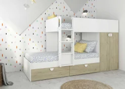 Etagenbett Jip mit Schrank & Schubladen - 90x190cm - Eiche/weiß/weiß