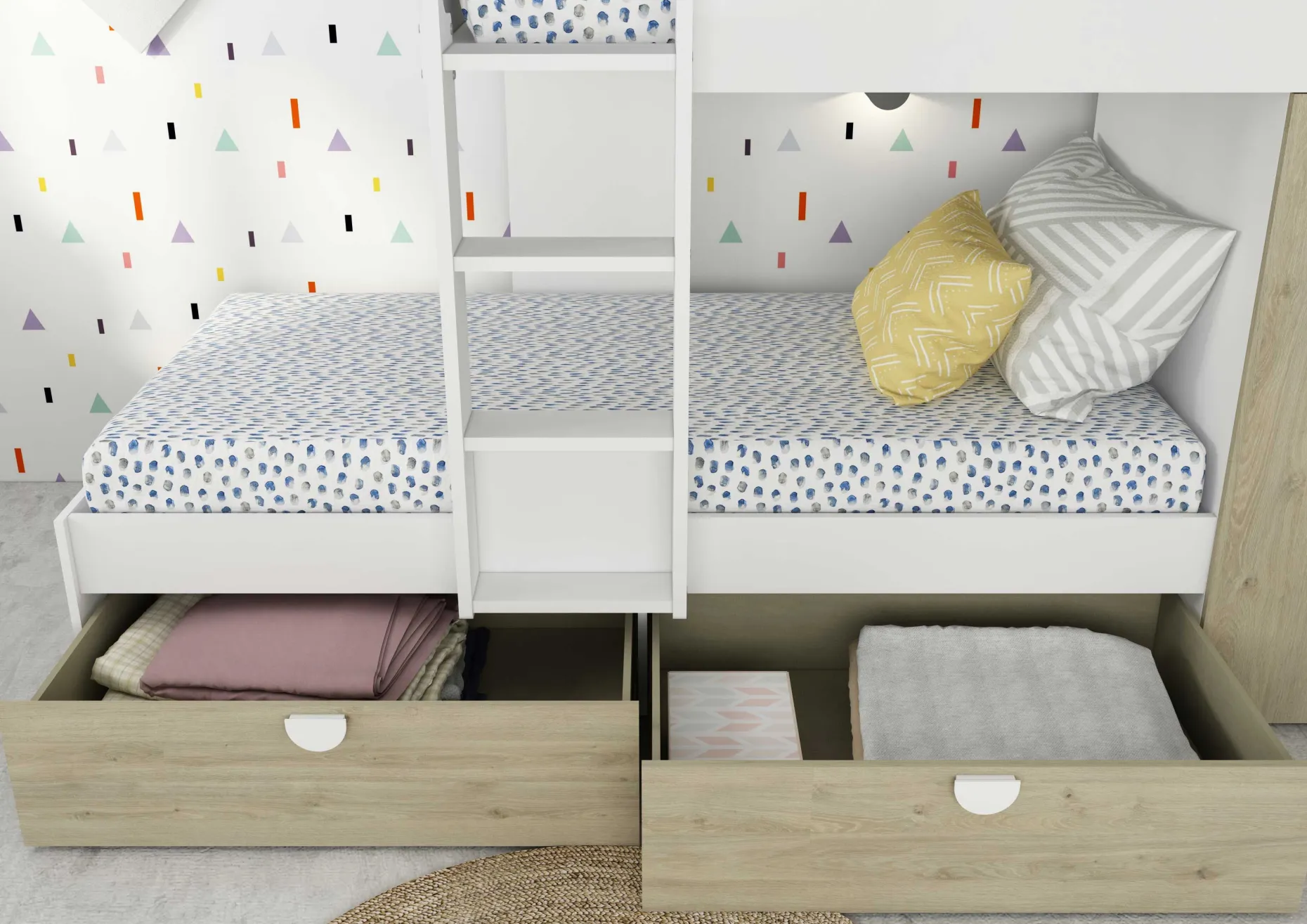 Etagenbett Jip mit Schrank & Schubladen - 90x190cm - Eiche/weiß/weiß
