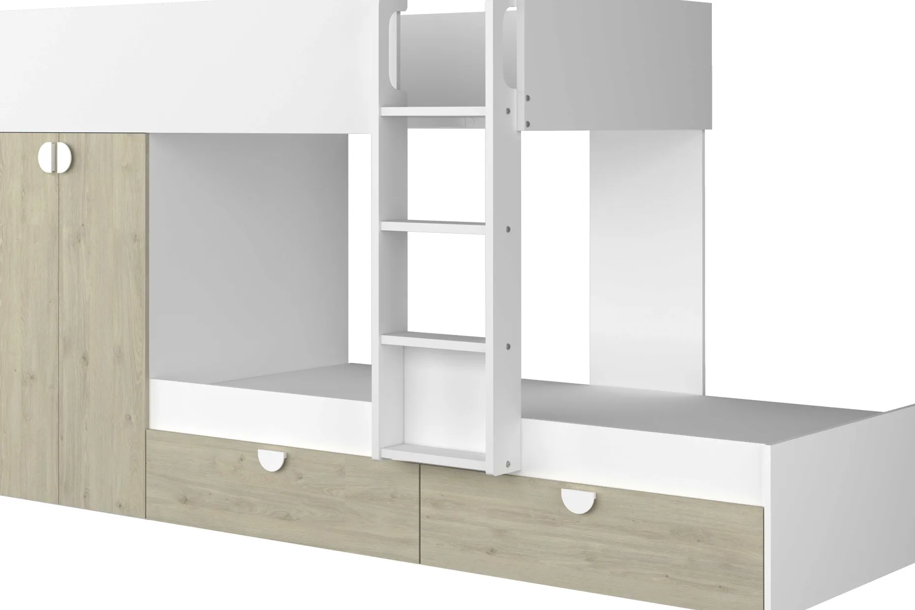 Etagenbett Jip mit Schrank & Schubladen - 90x190cm - Eiche/weiß/weiß