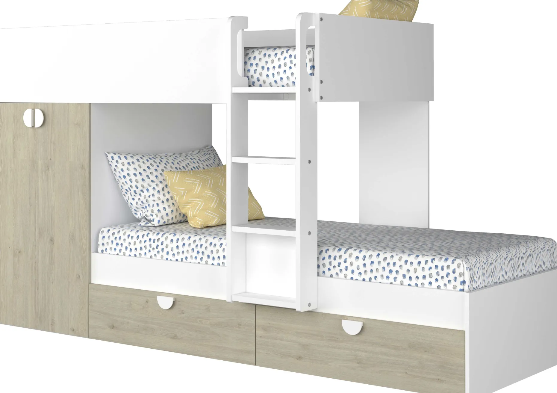Etagenbett Jip mit Schrank & Schubladen - 90x190cm - Eiche/weiß/weiß