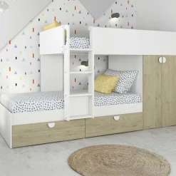 Etagenbett Jip mit Schrank & Schubladen - 90x190cm - Eiche/weiß/weiß