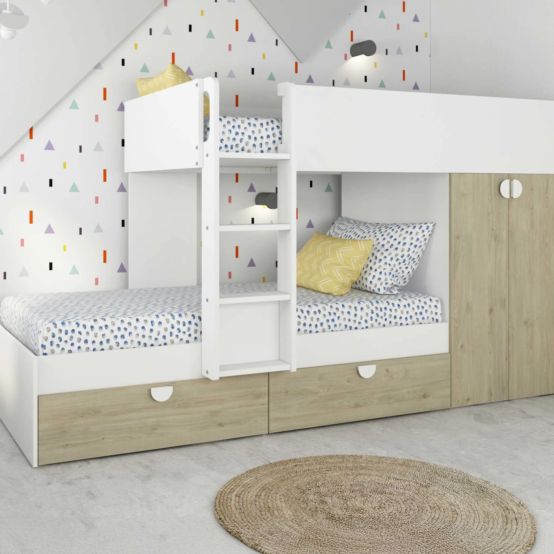 Etagenbett Jip mit Schrank & Schubladen - 90x190cm - Eiche/weiß/weiß
