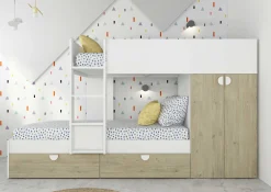 Etagenbett Jip mit Schrank & Schubladen - 90x190cm - Eiche/weiß/weiß