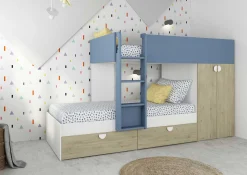 Etagenbett Jip mit Schrank & Schubladen - 90x190cm - Eiche/weiß/blau