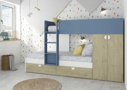 Etagenbett Jip mit Schrank & Schubladen - 90x190cm - Eiche/weiß/blau