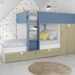Etagenbett Jip mit Schrank & Schubladen - 90x190cm - Eiche/weiß/blau