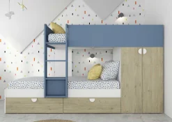 Etagenbett Jip mit Schrank & Schubladen - 90x190cm - Eiche/weiß/blau