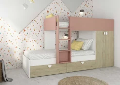 Etagenbett Jip mit Schrank & Schubladen - 90x190cm - Eiche/weiß/altrosa