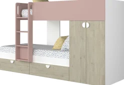 Etagenbett Jip mit Schrank & Schubladen - 90x190cm - Eiche/weiß/altrosa