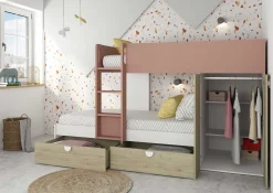 Etagenbett Jip mit Schrank & Schubladen - 90x190cm - Eiche/weiß/altrosa