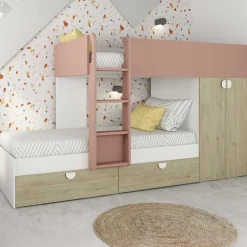 Etagenbett Jip mit Schrank & Schubladen - 90x190cm - Eiche/weiß/altrosa