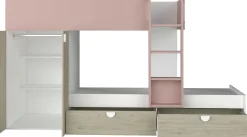 Etagenbett Jip mit Schrank & Schubladen - 90x190cm - Eiche/weiß/altrosa