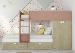 Etagenbett Jip mit Schrank & Schubladen - 90x190cm - Eiche/weiß/altrosa
