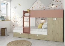 Etagenbett Jip mit Schrank & Schubladen - 90x190cm - Eiche/weiß/altrosa
