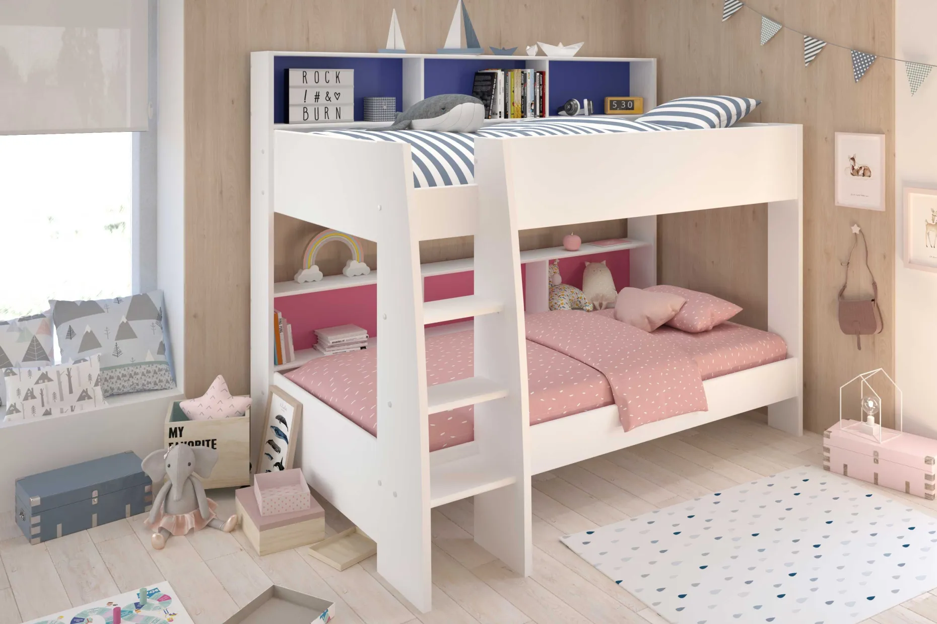 Etagenbett Leo inkl. Matratzenauflagen - Blau / Rosa