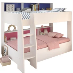 Etagenbett Leo 90x200cm mit Bettkasten - weiß/blau/rosa