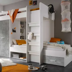Etagenbett Lopes 90x200cm mit Kleiderschrank - Beton/Weiß