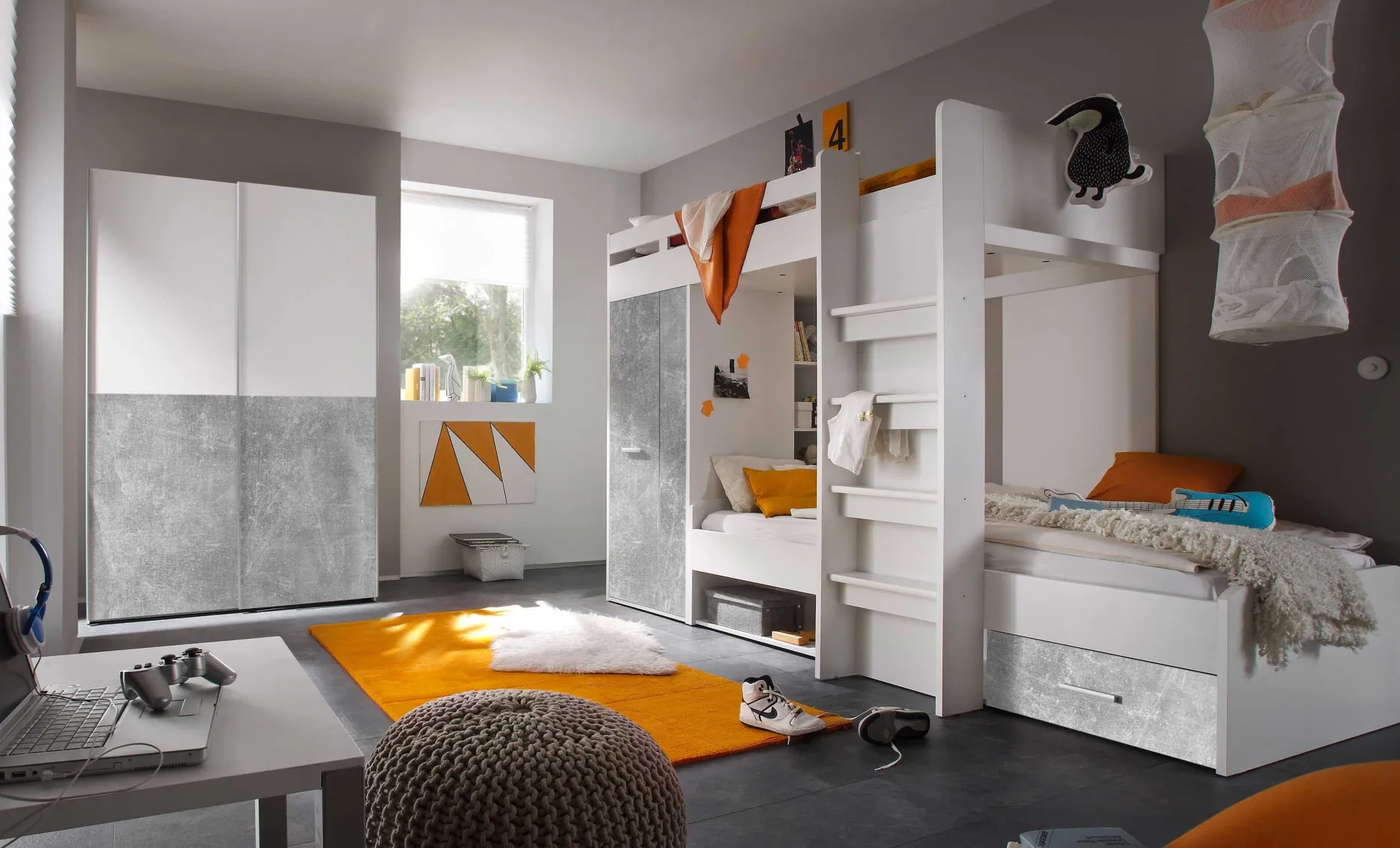 Etagenbett Lopes 90x200cm mit Kleiderschrank - Beton/Weiß