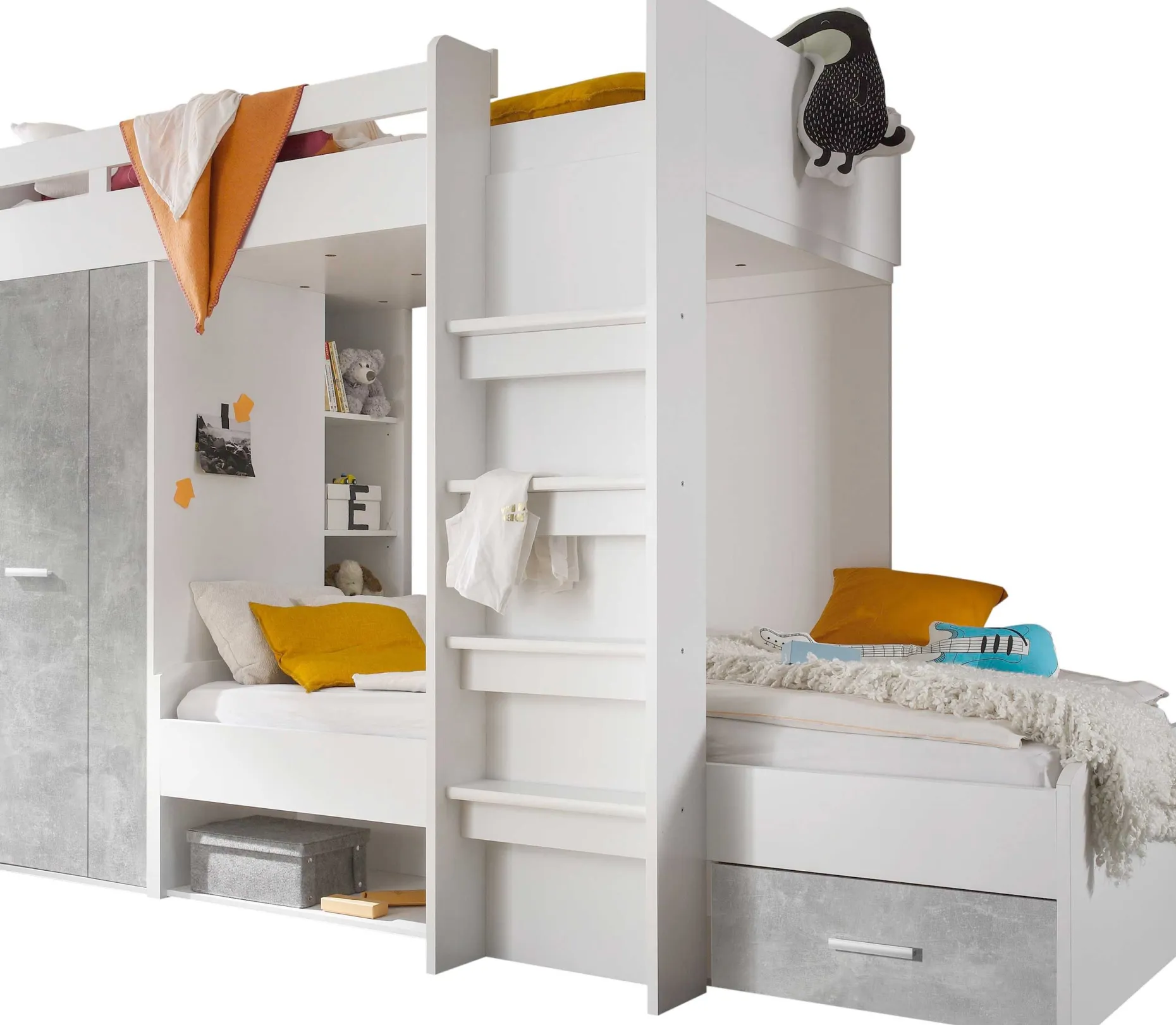 Etagenbett Lopes 90x200cm mit Kleiderschrank - Beton/Weiß