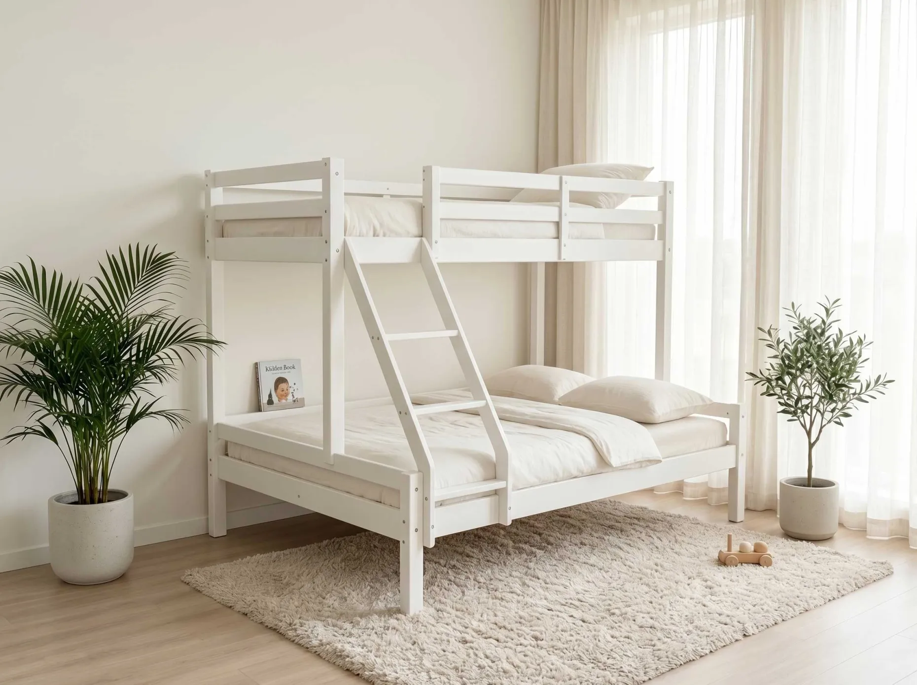 Etagenbett Sven - 90x200 & 140x200cm - 3 Personen – massives Kiefernholz - weiß