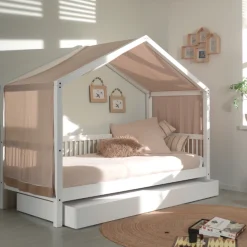 Forrest Hausbett 90x200 mit Rollbett und Schlafzelt - Buchenholz - weiß/rosa