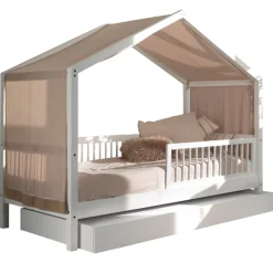 Forrest Hausbett 90x200 mit Rollbett, herunterklappbarem Schutzgitter und Bettzelt - weiß/rosa