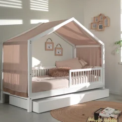 Forrest Hausbett 90x200 mit Rollbett, herunterklappbarem Schutzgitter und Bettzelt - weiß/rosa
