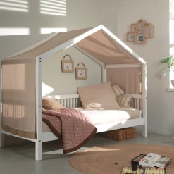 Forrest Hausbett 90x200 mit Rollbett, herunterklappbarem Schutzgitter und Bettzelt - weiß/rosa