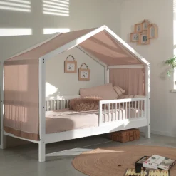 Forrest Hausbett 90x200 mit Rollbett, herunterklappbarem Schutzgitter und Bettzelt - weiß/rosa