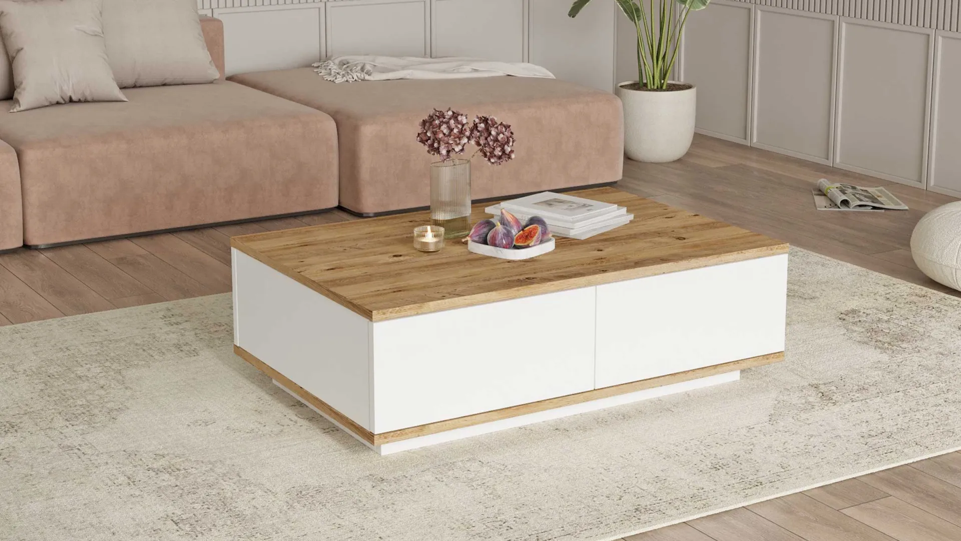 Emob FR14 Couchtisch | 100 % MELAMIN | Atlantische Kiefer, Weiß