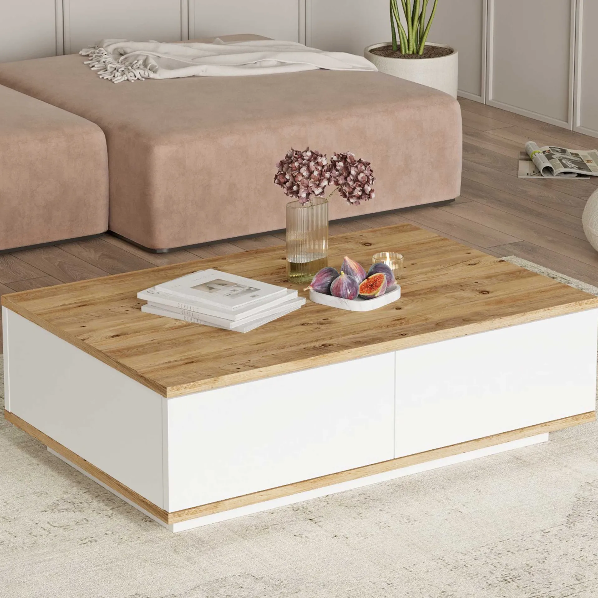 Emob FR14 Couchtisch | 100 % MELAMIN | Atlantische Kiefer, Weiß