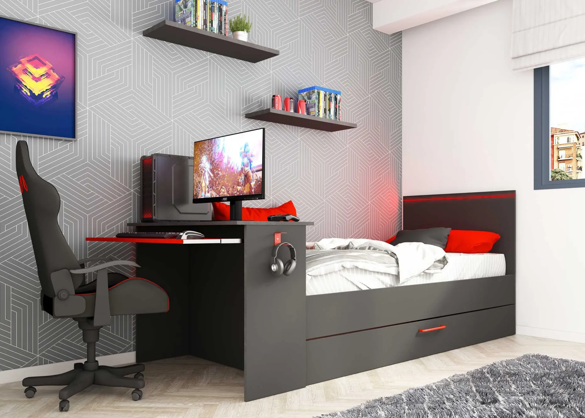 Funktionsbett Bzone 90x200 cm mit Bettschubkasten, Schreibtisch und LED-Beleuchtung - anthrazit