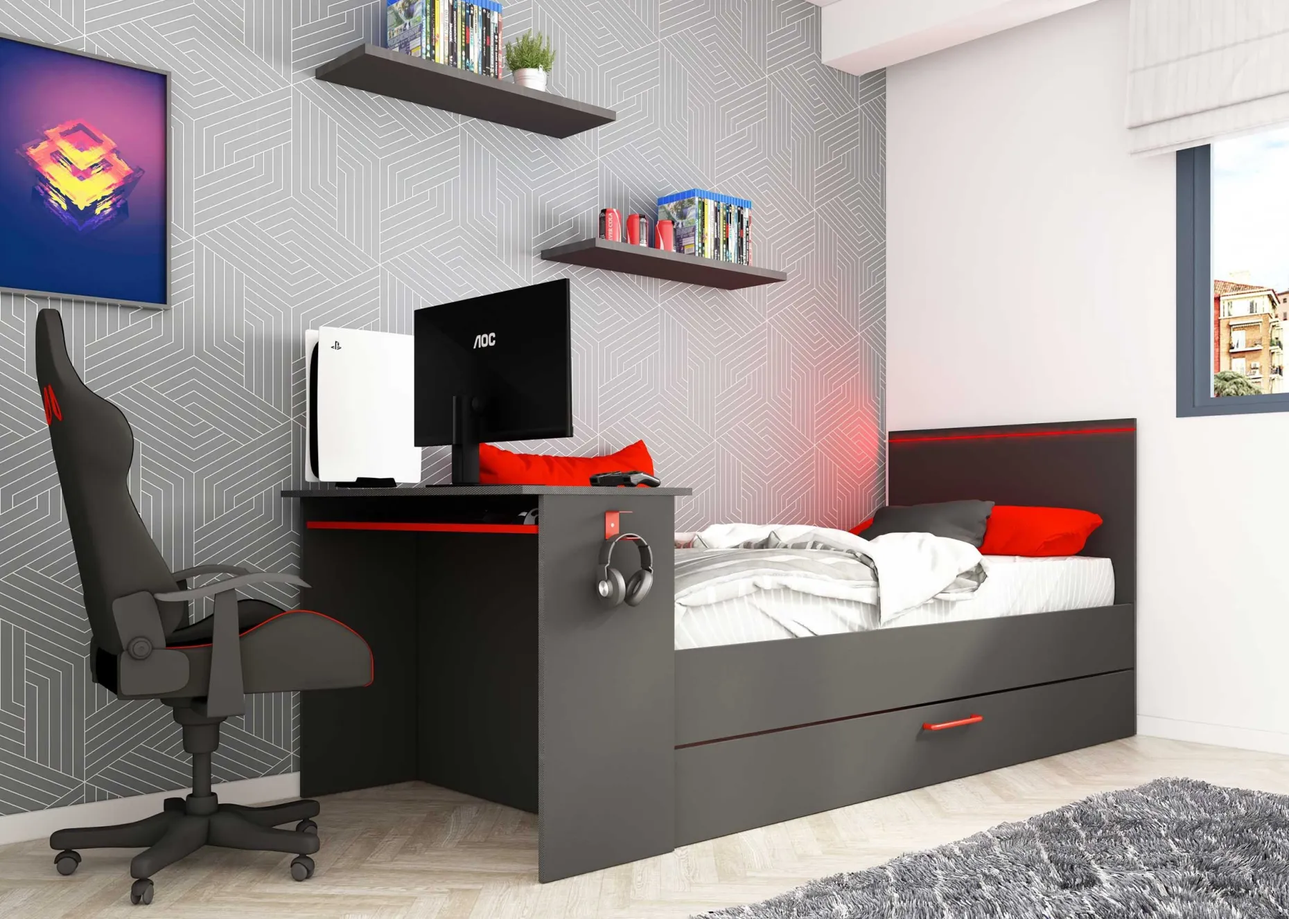 Funktionsbett Bzone 90x200 cm mit Bettschubkasten, Schreibtisch und LED-Beleuchtung - anthrazit
