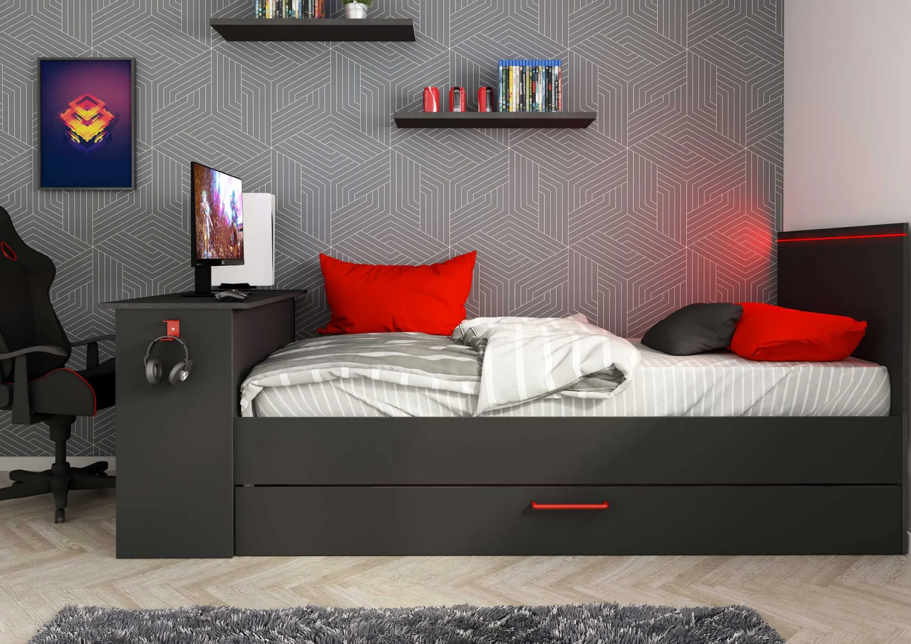 Funktionsbett Bzone 90x200 cm mit Bettschubkasten, Schreibtisch und LED-Beleuchtung - anthrazit
