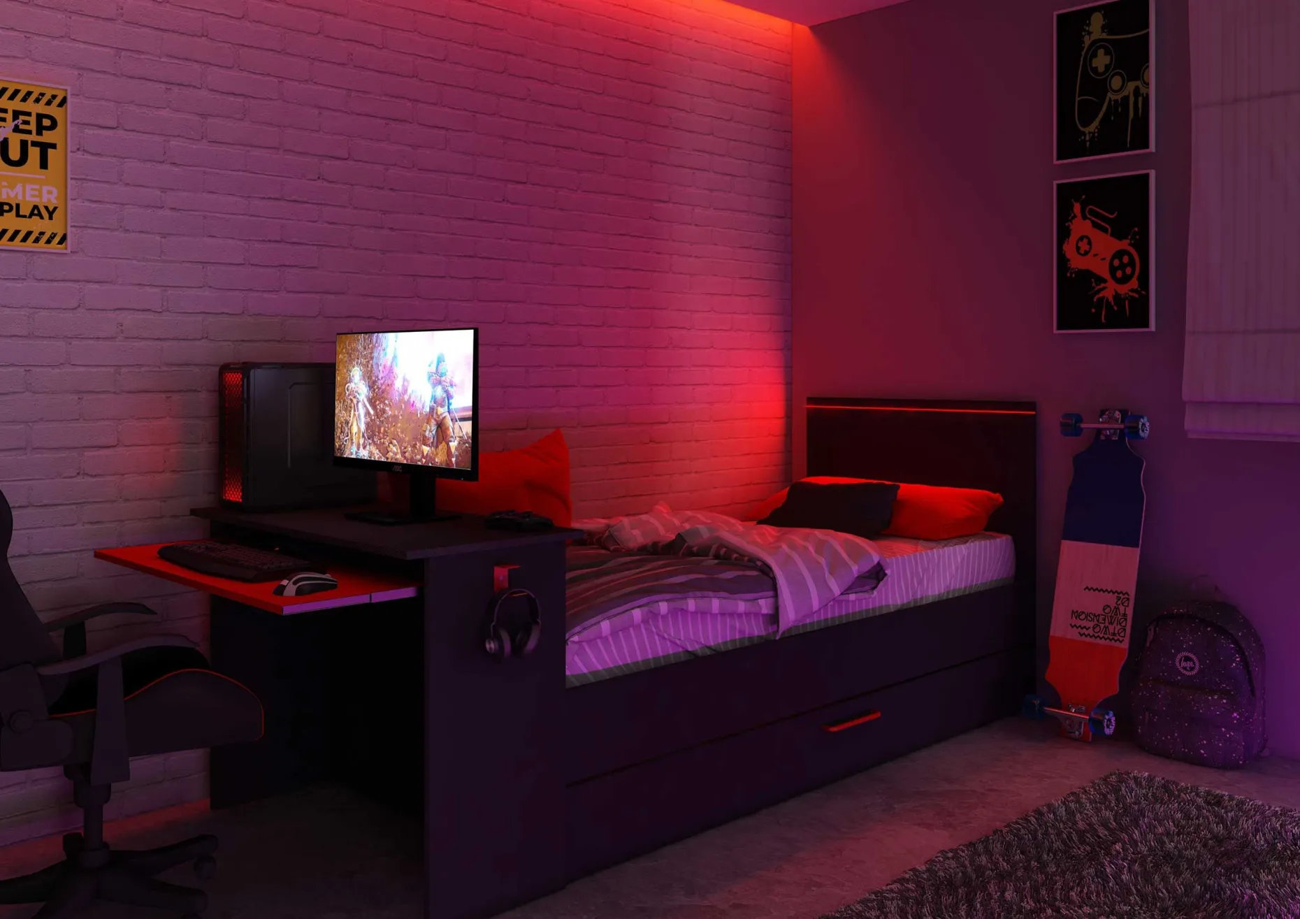 Funktionsbett Bzone 90x200 cm mit Bettschubkasten, Schreibtisch und LED-Beleuchtung - anthrazit