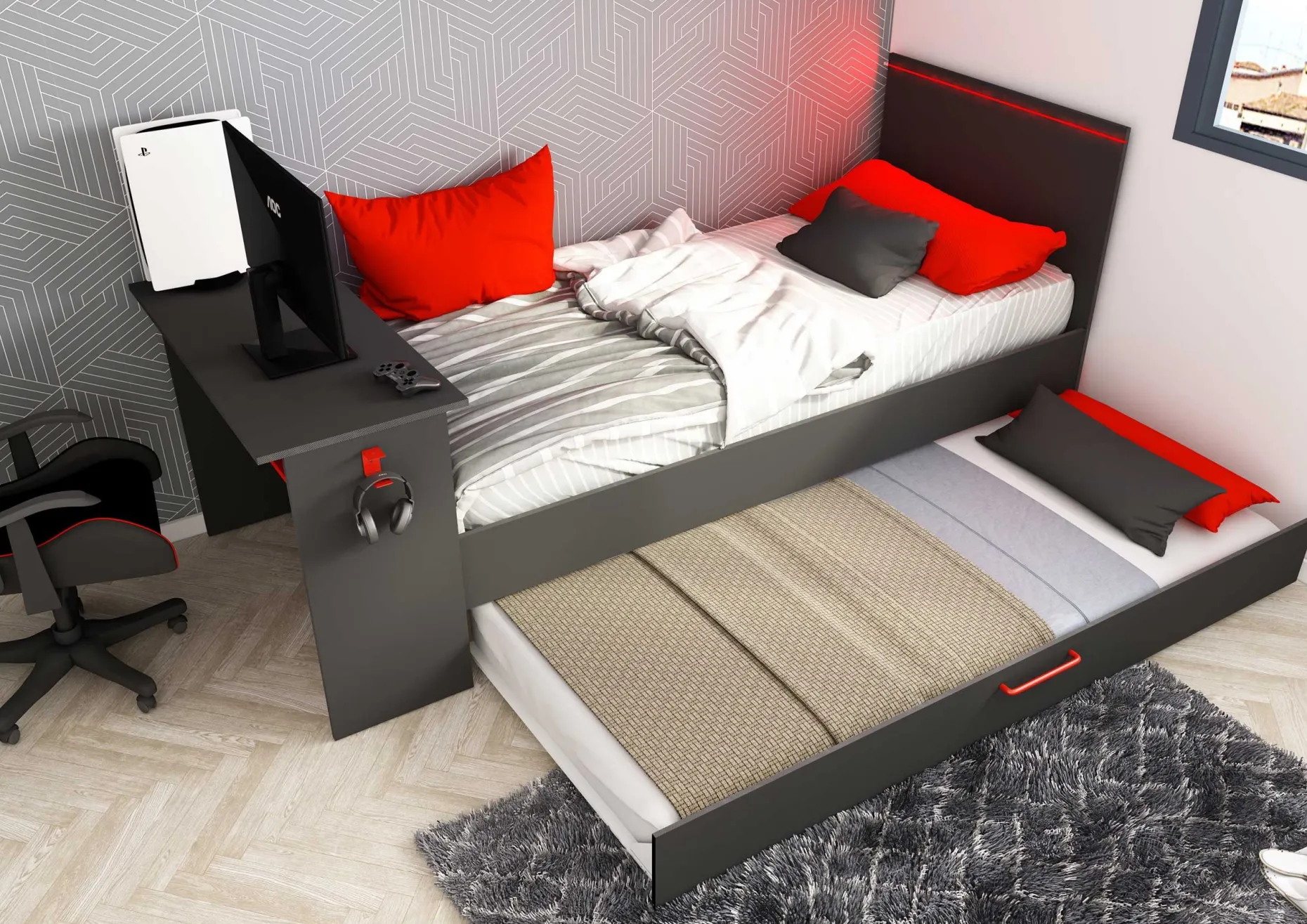 Funktionsbett Bzone 90x200 cm mit Bettschubkasten, Schreibtisch und LED-Beleuchtung - anthrazit
